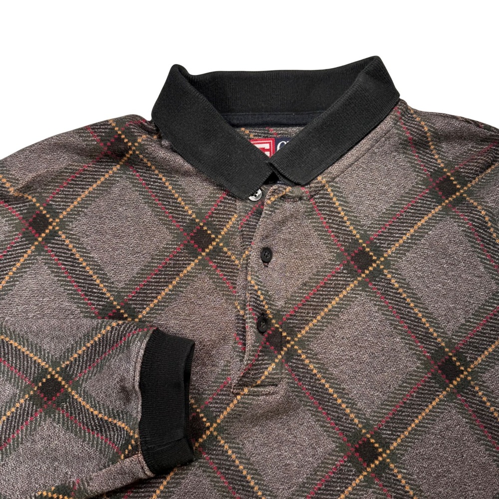 Vintage Chaps Ralph Lauren Mens Grey Argyle‎ Plaid Long Sleeve Polo Shirt Medium